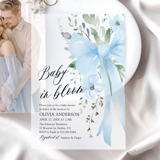 Blue Bow Baby in Bloom Floral Boy Baby Dusche Pergament Einladungen
