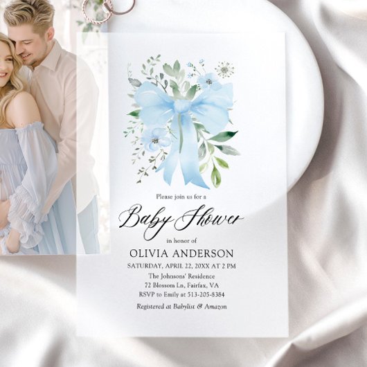 Blue Bow Baby in Bloom Floral Boy Baby Dusche Pergament Einladungen