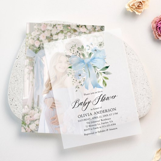 Blue Bow Baby in Bloom Floral Boy Baby Dusche Pergament Einladungen