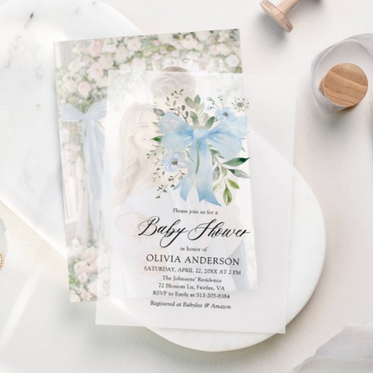 Blue Bow Baby in Bloom Floral Boy Baby Dusche Pergament Einladungen