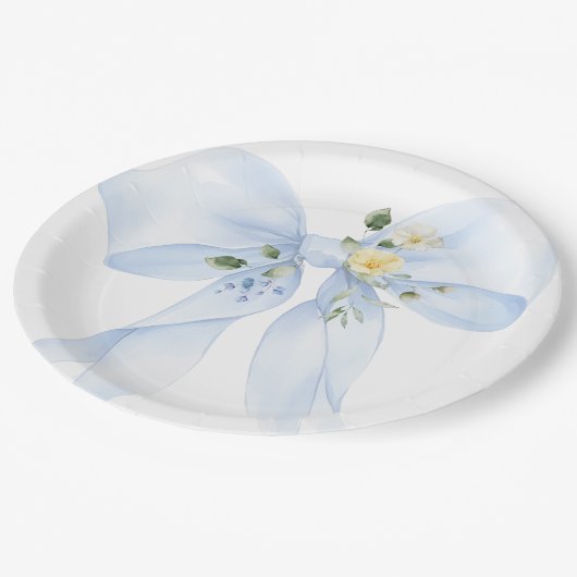 Blue Bow Baby in Bloom Wildblume Baby Dusche Pappteller (Schrägansicht)