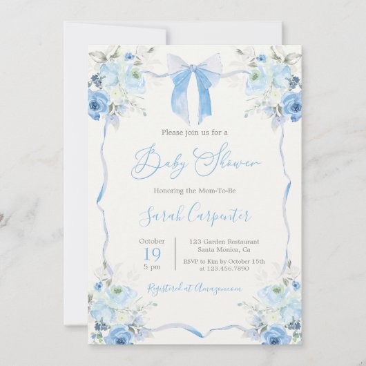 Blue Bow Baby Shower Boy Einladung (Vorderseite)
