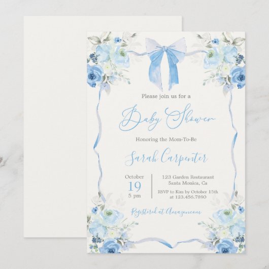 Blue Bow Baby Shower Boy Einladung (Vorne/Hinten)