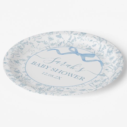 Blue Bow Baby Shower Boy Pappteller (Schrägansicht)