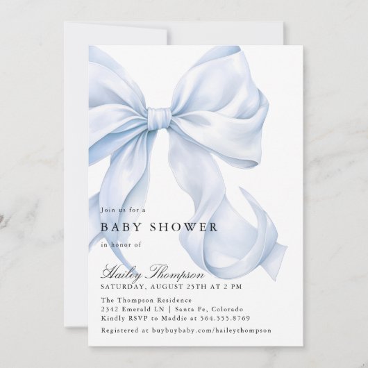 Blue Bow Baby Shower Coquette Bow Einladung (Vorderseite)