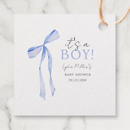 Blue Bow Baby Shower Einladung, Boy Baby Dusche Geschenkanhänger (Rückseite)