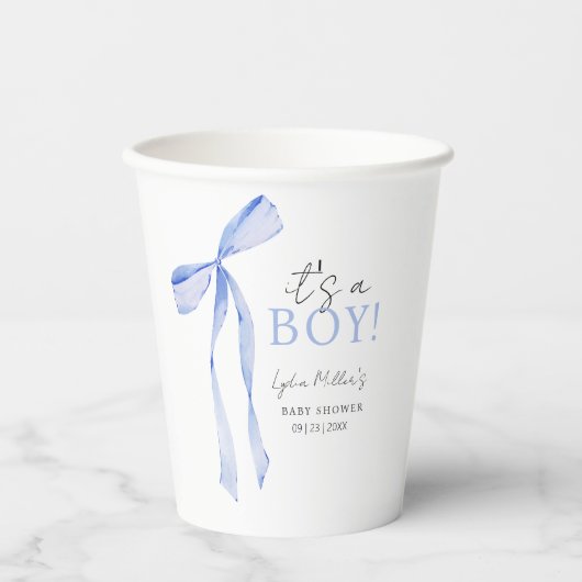 Blue Bow Baby Shower Einladung, Boy Baby Dusche Pappbecher (Vorderseite)