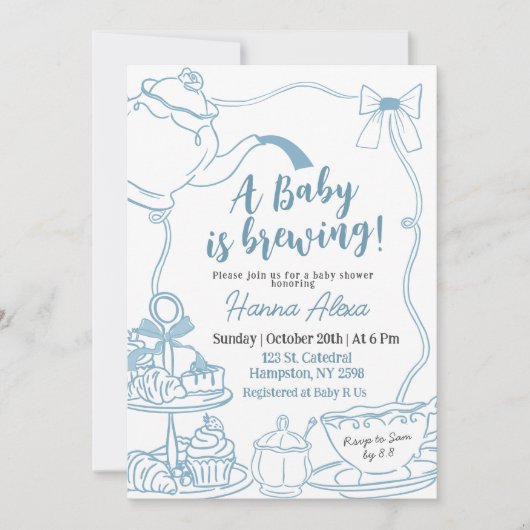 Blue Bow Baby wird Tea Brunch Baby Dusche Einladung (Vorderseite)
