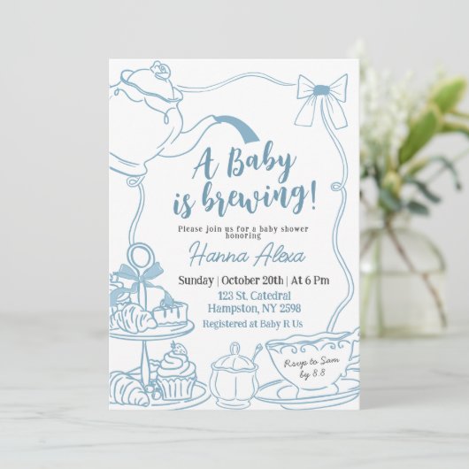 Blue Bow Baby wird Tea Brunch Baby Dusche Einladung (Stehend Vorderseite)