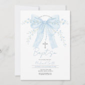 Blue Bow Baptism Boy Christening with Cross Einladung (Vorderseite)