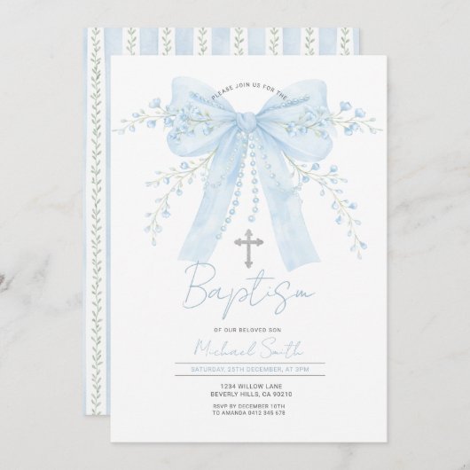 Blue Bow Baptism Boy Christening with Cross Einladung (Vorne/Hinten)