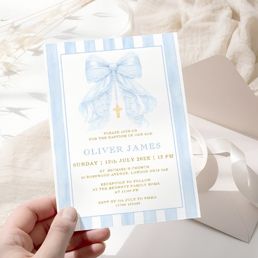 Blue Bow Baptism Invitation Einladung