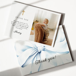 Blue Bow Baptism Photo Flat Thank You Card Dankeskarte
