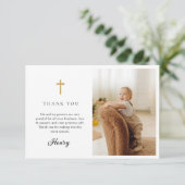 Blue Bow Baptism Photo Flat Thank You Card Dankeskarte (Stehend Vorderseite)