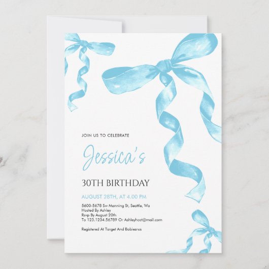 Blue Bow Birthday Einladung (Vorderseite)