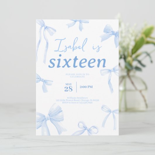 Blue Bow Birthday Einladung (Stehend Vorderseite)