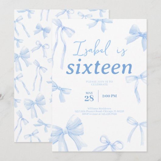 Blue Bow Birthday Einladung (Vorne/Hinten)