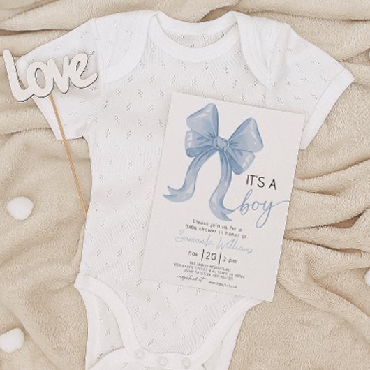 Blue Bow Boy Baby Dusche Einladung