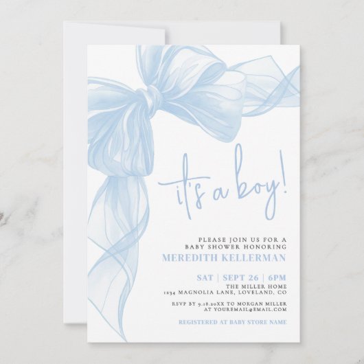Blue Bow Boy Baby Dusche Einladung (Vorderseite)