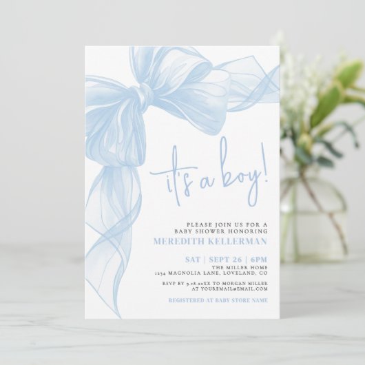 Blue Bow Boy Baby Dusche Einladung (Stehend Vorderseite)