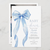Blue Bow Boy Baby Shooting Foto QR Code Einladung (Vorne/Hinten)