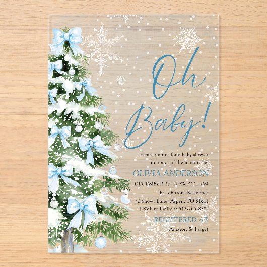 Blue Bow Boy Christmas Tree Oh Baby Shower Acryleinladungen (Vorderseite)