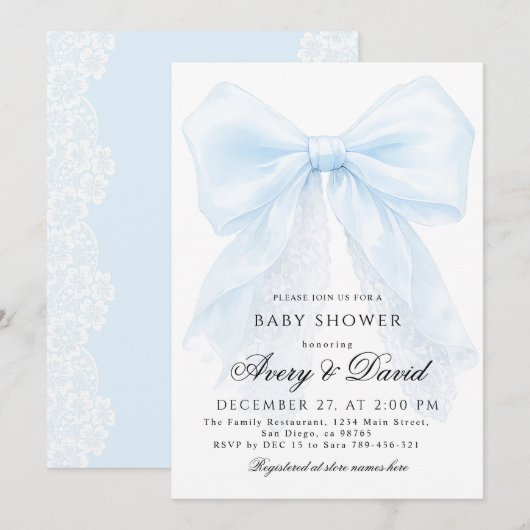 Blue Bow boy Modern Baby Shower  Einladung (Vorne/Hinten)