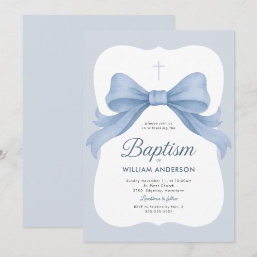 Blue Bow Boy Taufe Einladung mit Kranz (Vorne/Hinten)