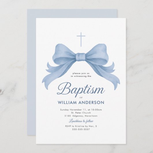 Blue Bow Boy Taufe Einladung mit Kranz (Vorne/Hinten)