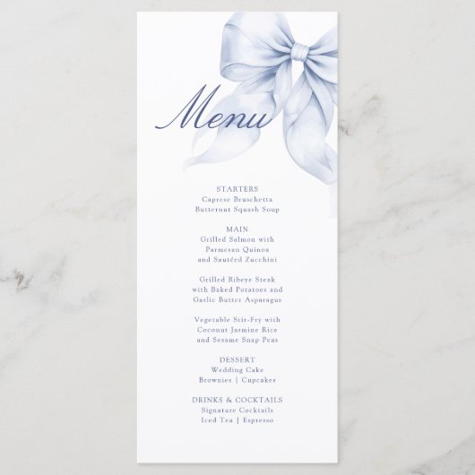 Blue Bow Brautparty Menükarte (Vorderseite)