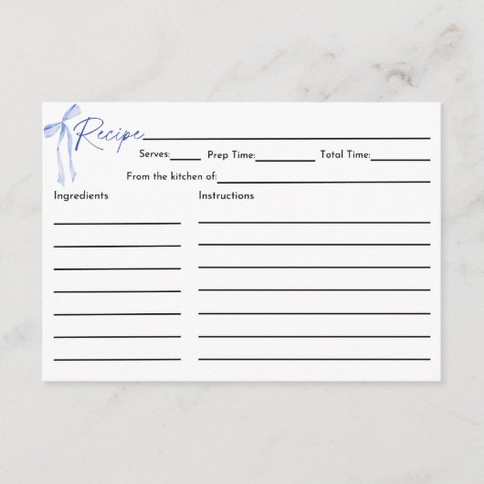 Blue Bow Brautparty Rezept Card Begleitkarte (Vorderseite)