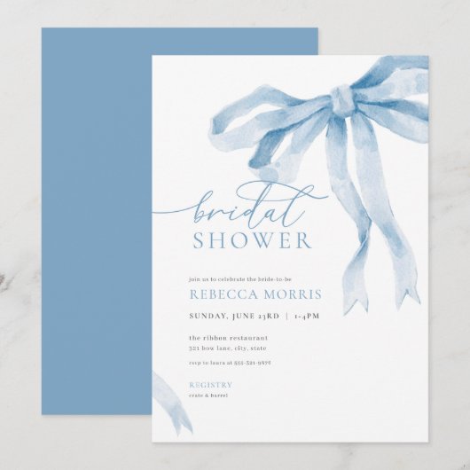 Blue Bow Bridal Dusche Einladung etwas Blau (Vorne/Hinten)