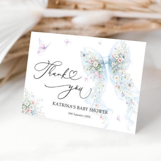 Blue Bow Butterfly Baby Shower Thank You Card Dankeskarte