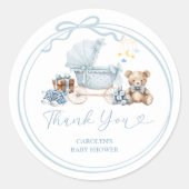 Blue Bow Carriage Baby Shower Thank You Sticker (Vorderseite)