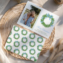 Blue Bow Christmas Boxwood Wreath Foto