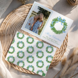 Blue Bow Christmas Boxwood Wreath Foto Feiertagskarte