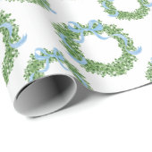 Blue Bow Christmas Boxwood Wreath Geschenkpapier (Rolleneckpunkt)