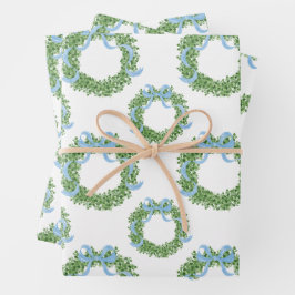 Blue Bow Christmas Boxwood Wreath Geschenkpapier Set