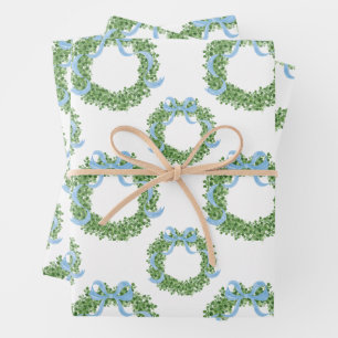 Blue Bow Christmas Boxwood Wreath Geschenkpapier Set