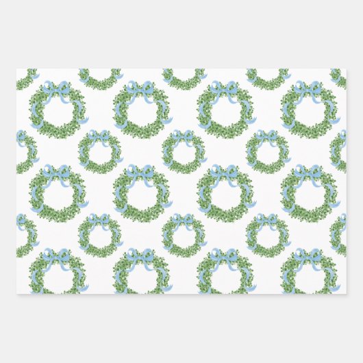 Blue Bow Christmas Boxwood Wreath Geschenkpapier Set (Vorderseite)