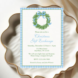 Blue Bow Christmas Boxwood Wreath Party Einladung