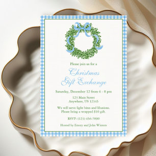 Blue Bow Christmas Boxwood Wreath Party Einladung