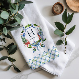 Blue Bow Coastal Weihnachten Nautical Monogram Geschirrtuch