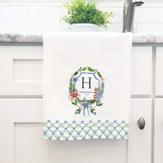 Blue Bow Coastal Weihnachten Nautical Monogram Geschirrtuch