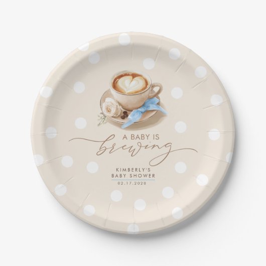 Blue Bow Coffee Baby Is Brewing Boy Baby Shower Pappteller (Vorderseite)
