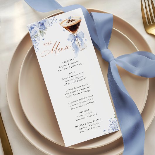 Blue Bow Coffee Bridal Shower Menu Card Menükarte