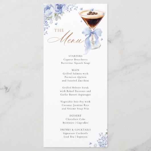 Blue Bow Coffee Bridal Shower Menu Card Menükarte (Vorderseite)
