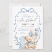 Blue Bow Coquette Beary First Birthday Einladung (Vorderseite)