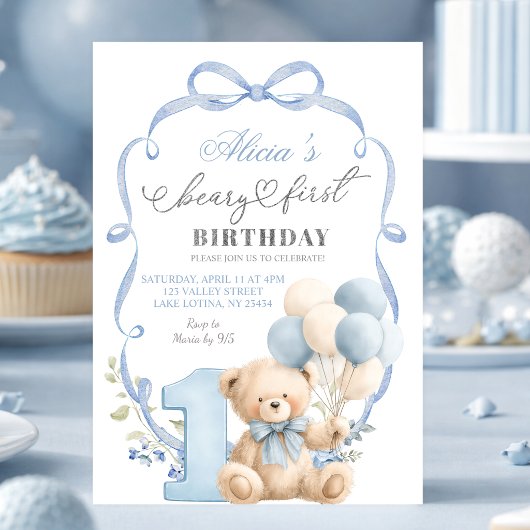 Blue Bow Coquette Beary First Birthday Einladung