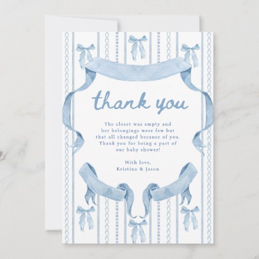 Blue Bow Coquette Blue Boy Baby Dusche Dankeskarte (Vorderseite)